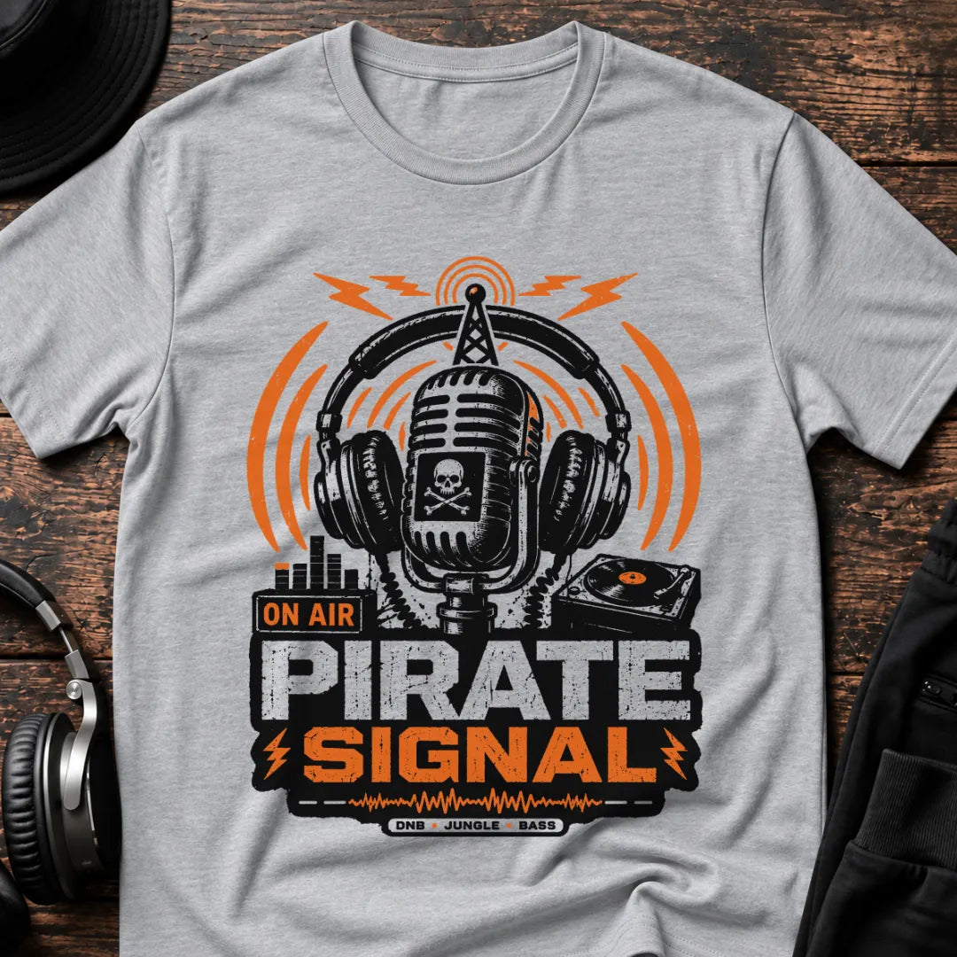 Pirate Signal DnB T-Shirt flat lay by QUASIKERN