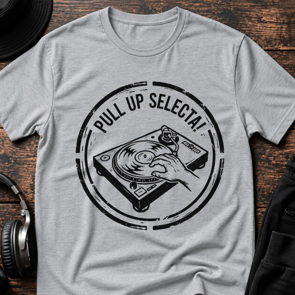 Pull Up Selecta DJ T-Shirt flat lay by QUASIKERN