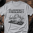Purrfect Frequency Cat DJ T-Shirt flat lay by QUASIKERN