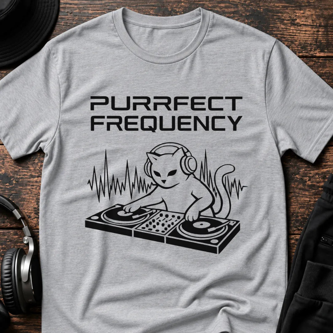 Purrfect Frequency Cat DJ T-Shirt flat lay by QUASIKERN