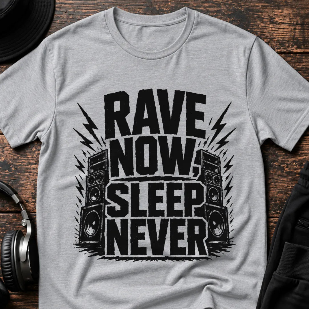 Sleep Never Rave T-Shirt flat lay by QUASIKERN