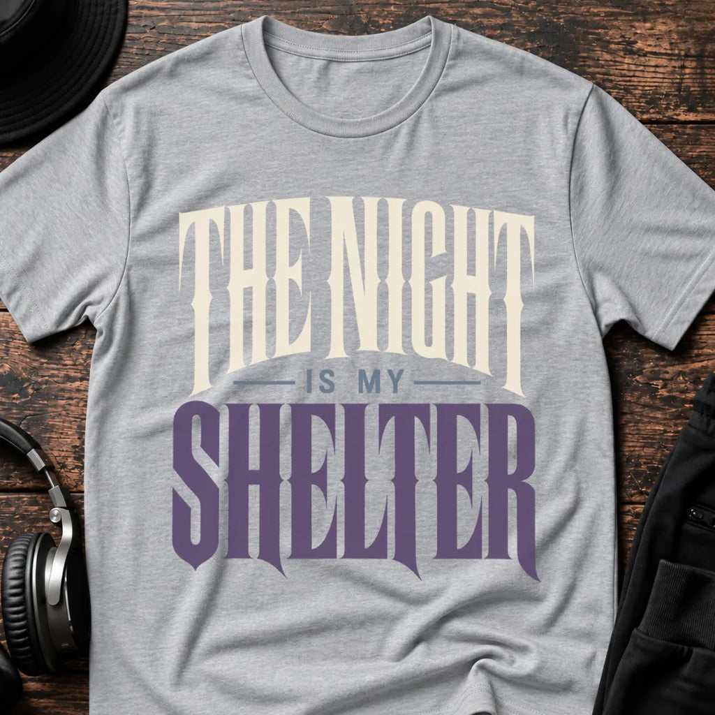 The Night Is My Shelter Rave T-Shirt flat lay by QUASIKERN