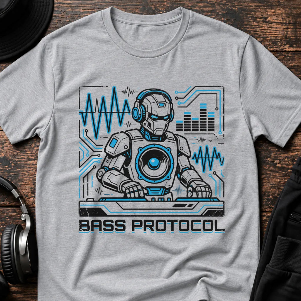 Bass Protocol DnB T-Shirt flat lay by QUASIKERN