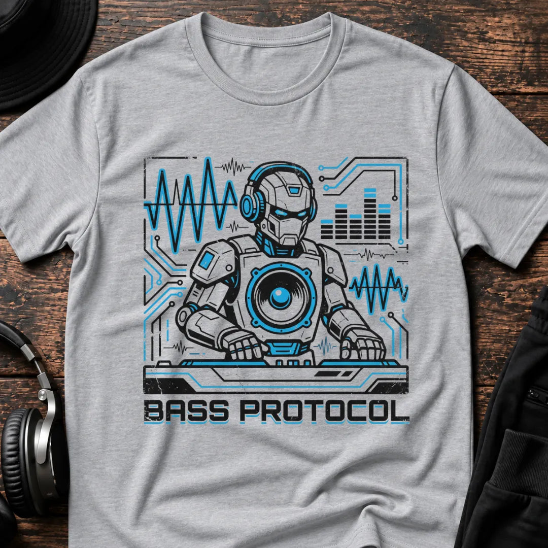 Bass Protocol DnB T-Shirt flat lay by QUASIKERN