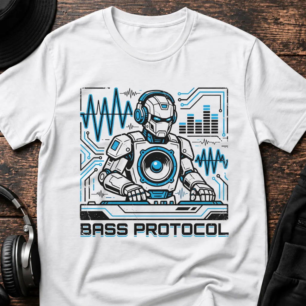 Bass Protocol DnB T-Shirt flat lay by QUASIKERN