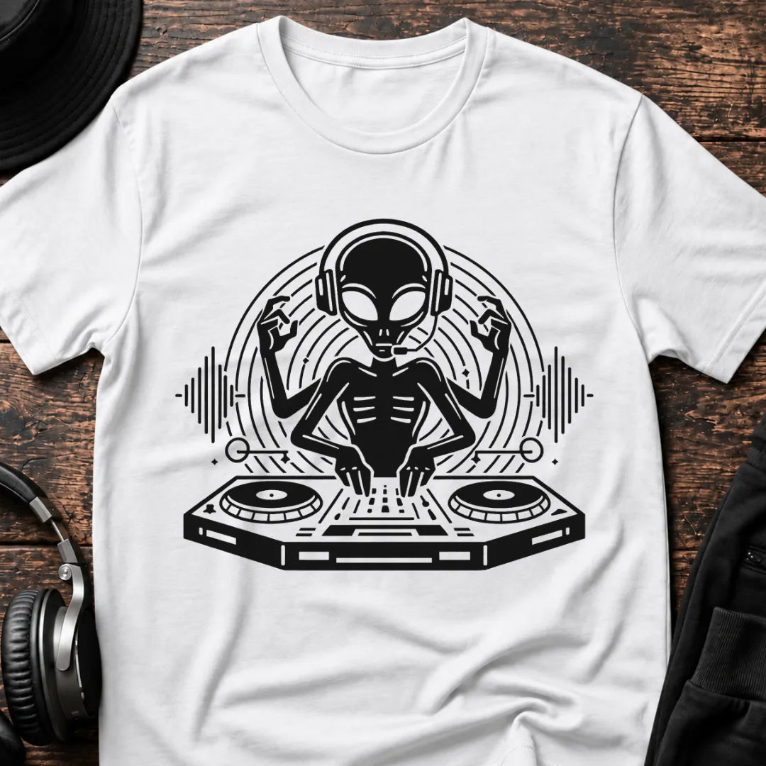 DJ Alien Rave T-Shirt flat lay by QUASIKERN