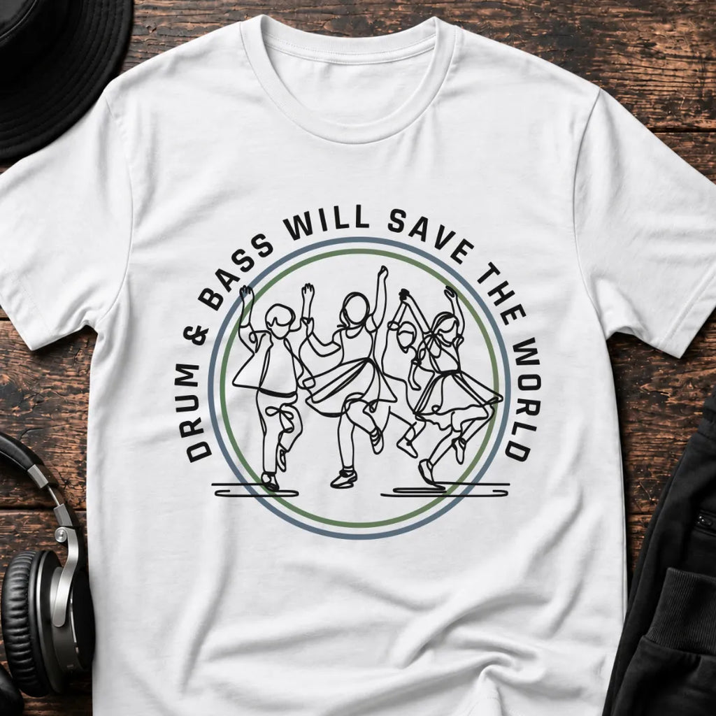 Save the World DnB T-Shirt flat lay by QUASIKERN