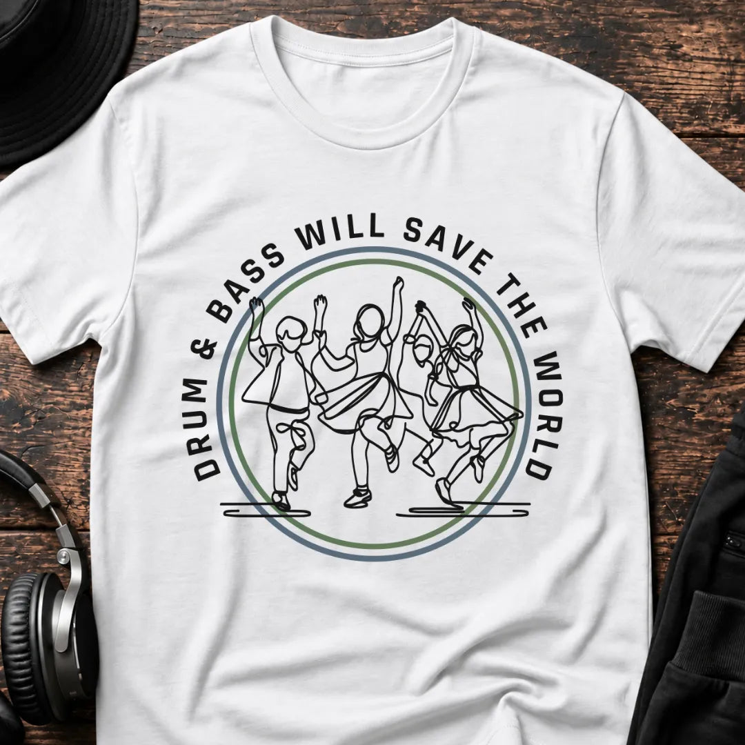 Save the World DnB T-Shirt flat lay by QUASIKERN