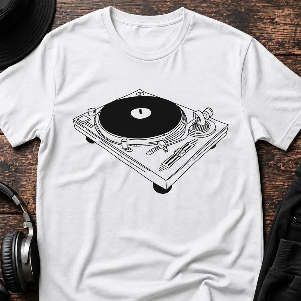 Turntable Blueprint DJ T-Shirt flat lay by QUASIKERN