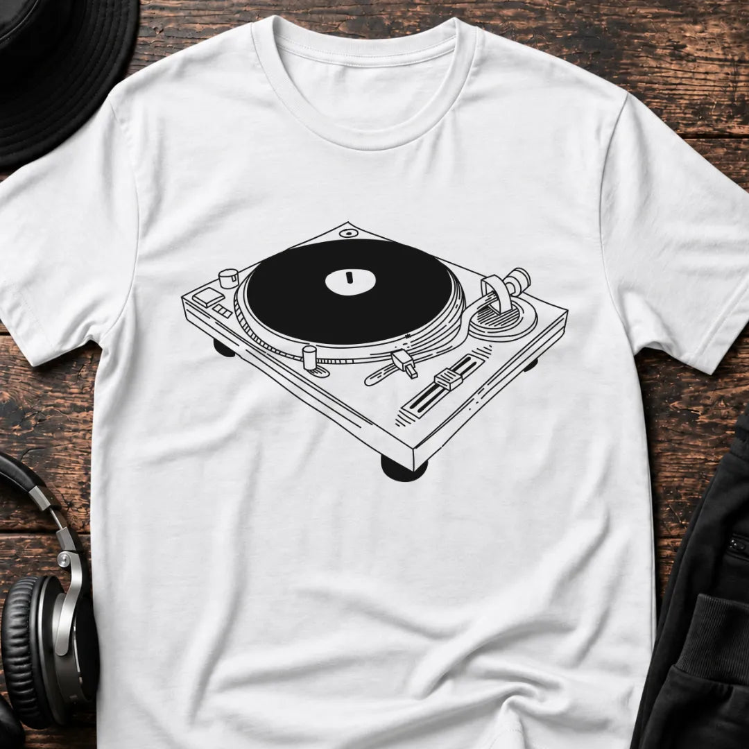 Turntable Blueprint DJ T-Shirt flat lay by QUASIKERN