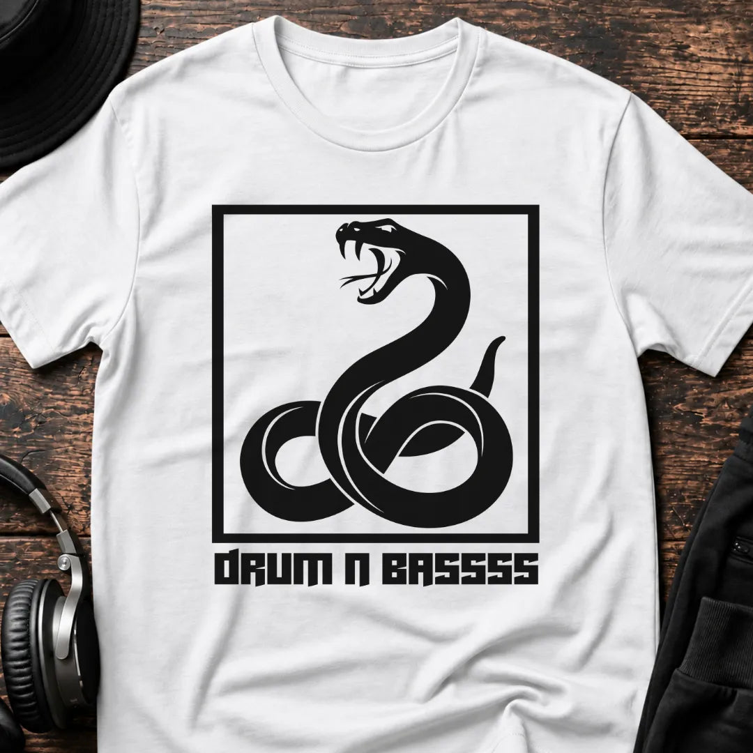 Drum N Bass Snake DnB T-Shirt flat lay by QUASIKERN