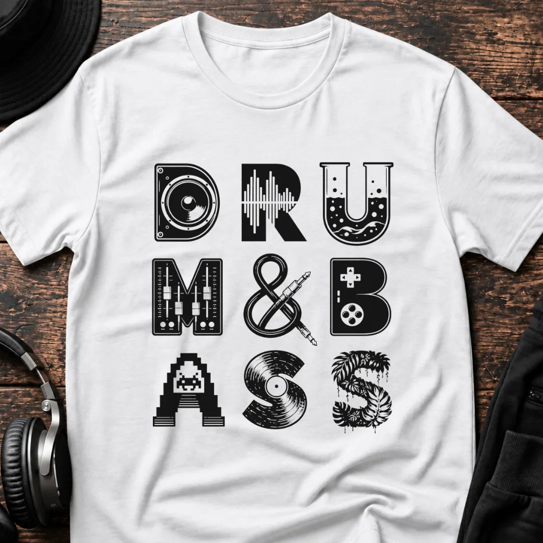Drum & Bass Icons DnB T-Shirt flat lay by QUASIKERN