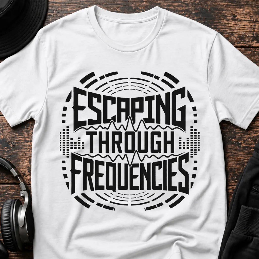 Escaping Through Frequencies Rave T-Shirt flat lay by QUASIKERN