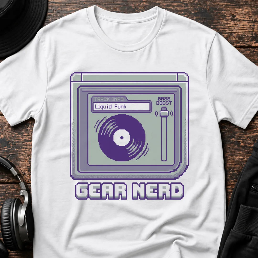 Gear Nerd Liquid Funk DnB T-Shirt flat lay by QUASIKERN
