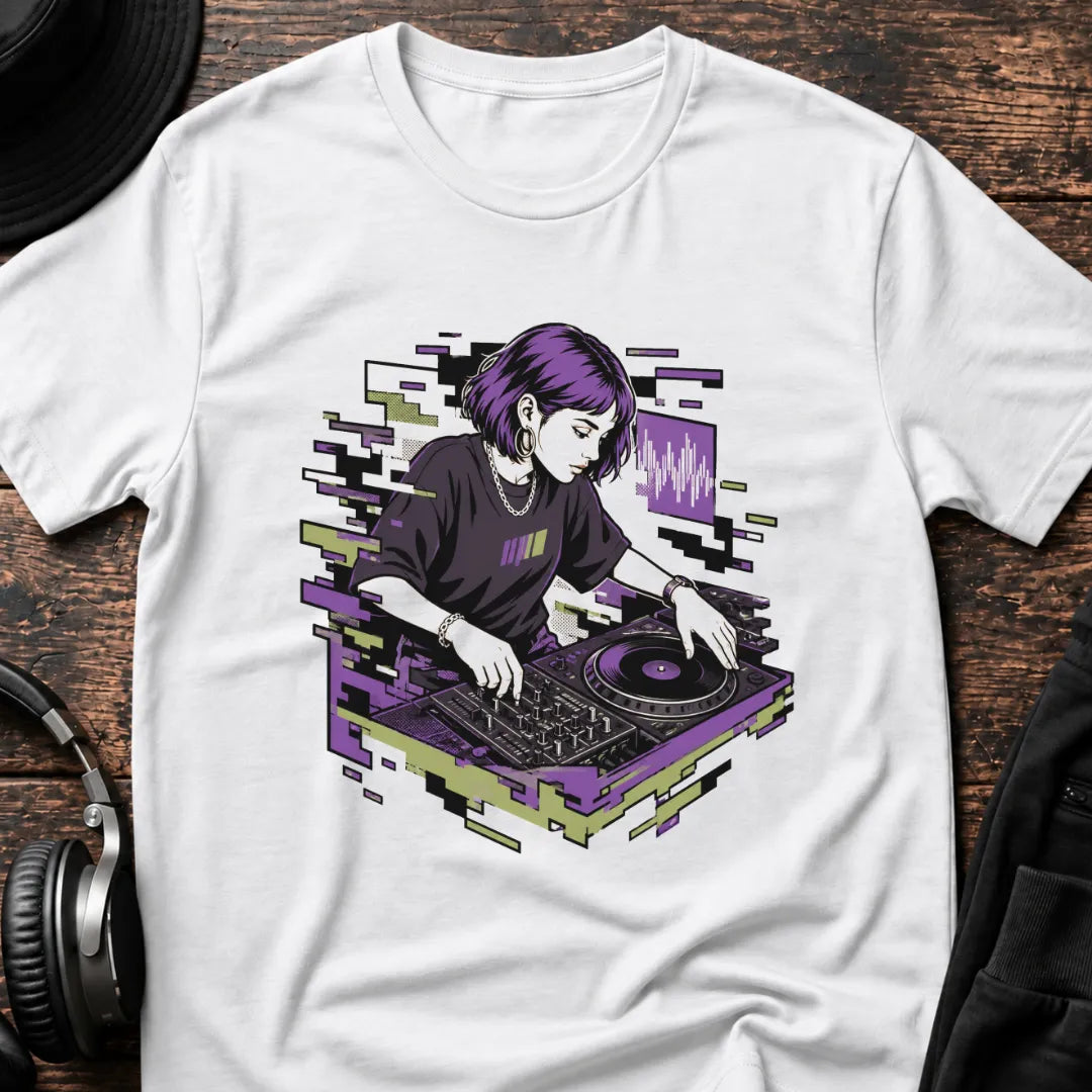 Glitch Selecta DJ T-Shirt flat lay by QUASIKERN