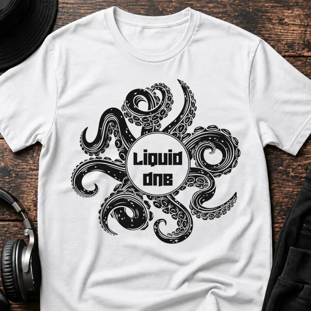 Octopus Liquid DnB T-Shirt flat lay by QUASIKERN