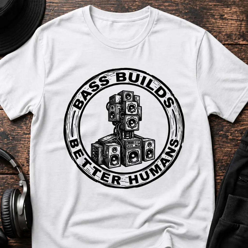 Bass Builds Better Humans Ed. 1 DnB T-Shirt flat lay by QUASIKERN