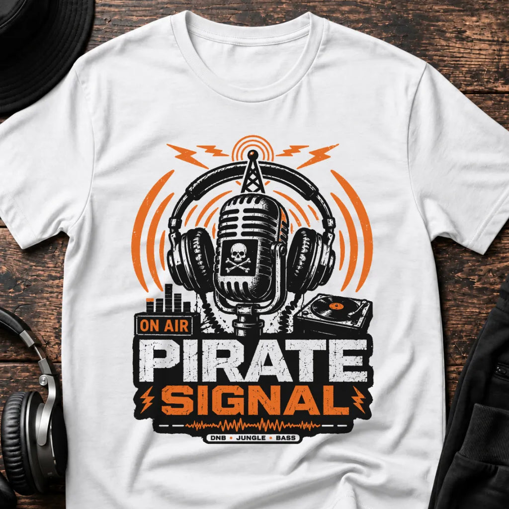 Pirate Signal DnB T-Shirt flat lay by QUASIKERN