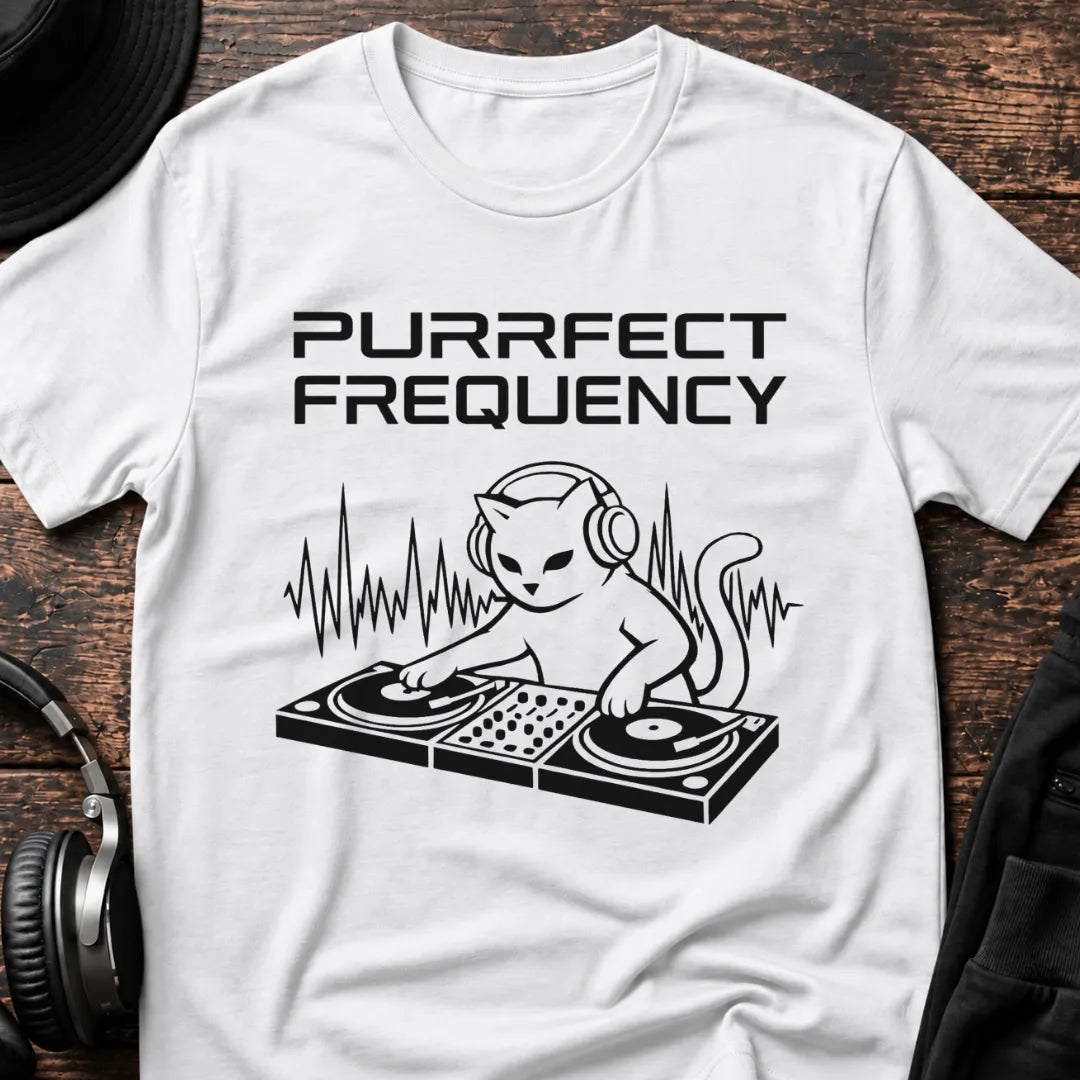 Purrfect Frequency Cat DJ T-Shirt flat lay by QUASIKERN