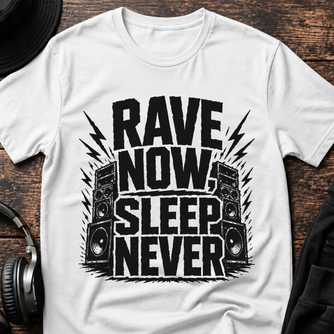 Sleep Never Rave T-Shirt flat lay by QUASIKERN