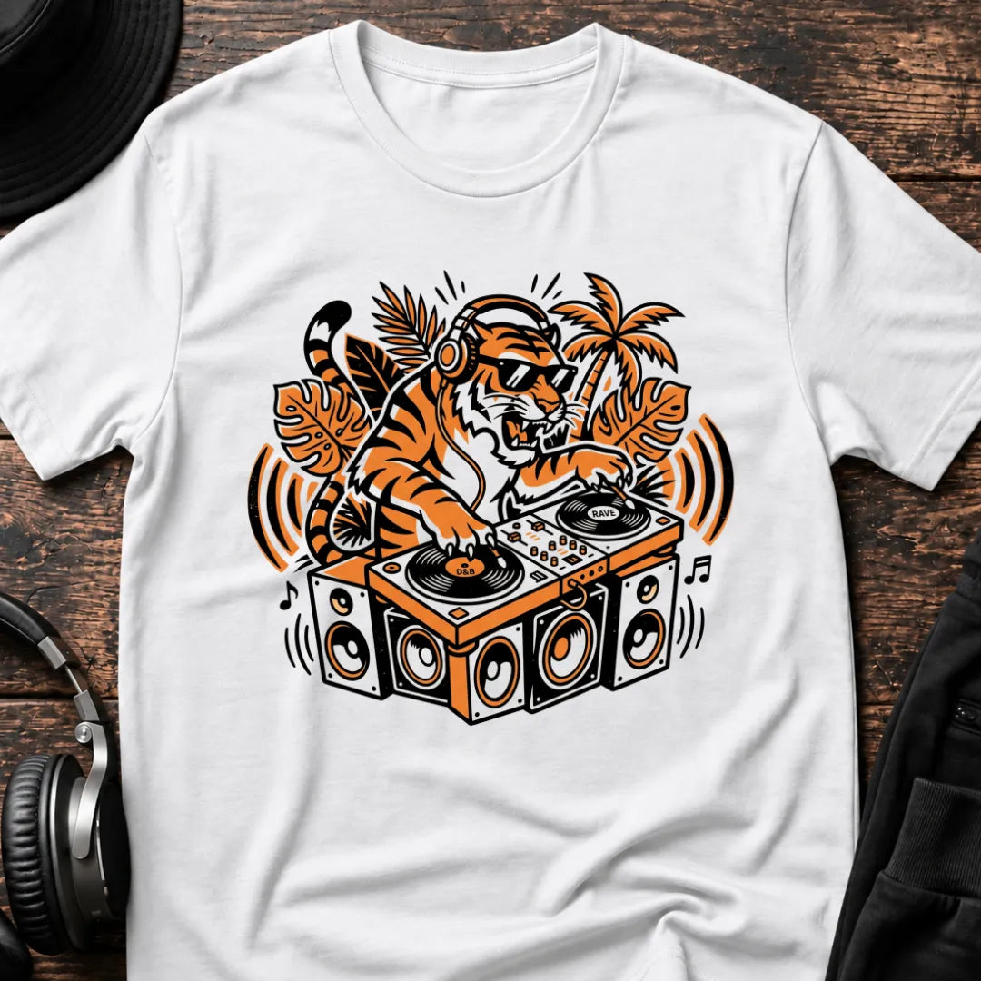 Tiger DJ Jungle T-Shirt flat lay by QUASIKERN